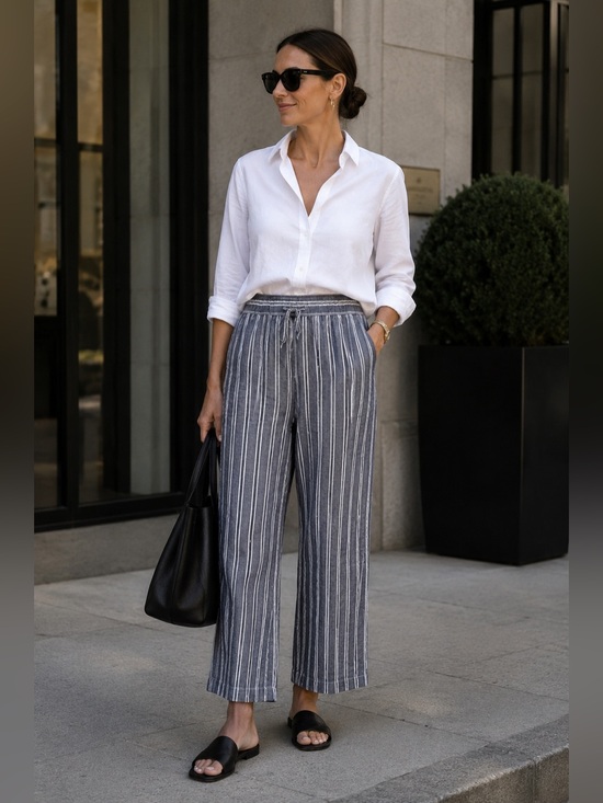 GAP Pants - GAP Women’s Navy White Linen Vertical Stripe Drawstring Wide Leg Pants L